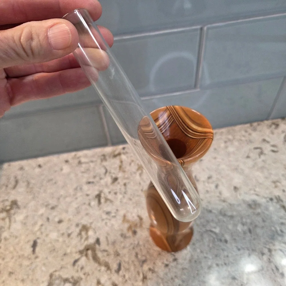 Vintage MCM Laminated Wood Bud Vase Glass Insert Artisan Turned Wood Decor 8.5